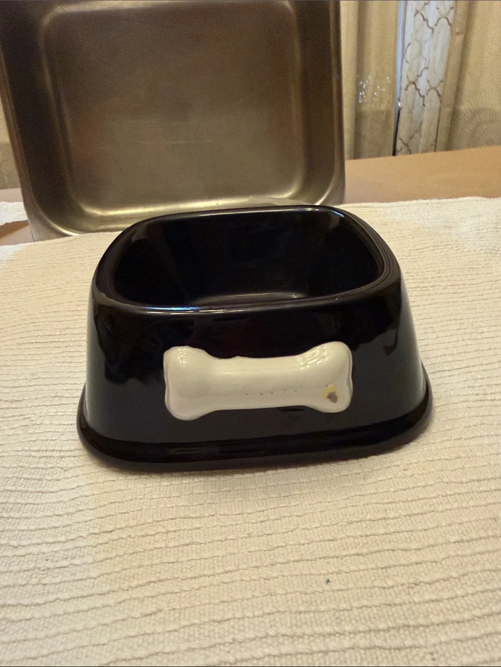 Black Ceramic Dog Bowl with White Bone Accent -cleaned and sanitized
